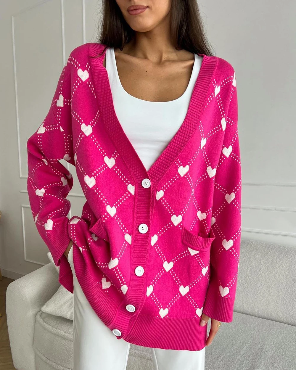 Suninbox donna Pink Hearts Print Cardigan Oversize autunno Button Vintage Warm Cardigan Casual Office Lady giacca lavorata a maglia con scollo a v