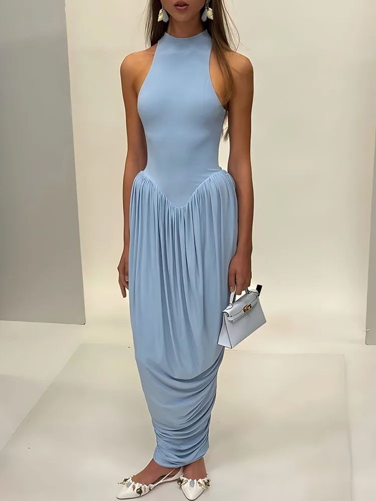 Apprabant Damen-Träger-Maxikleid mit Rüschen, O-Ausschnitt, ärmellos, rückenfrei, solide, figurbetont, langes Kleid, modisch, lässig, Partykleidung