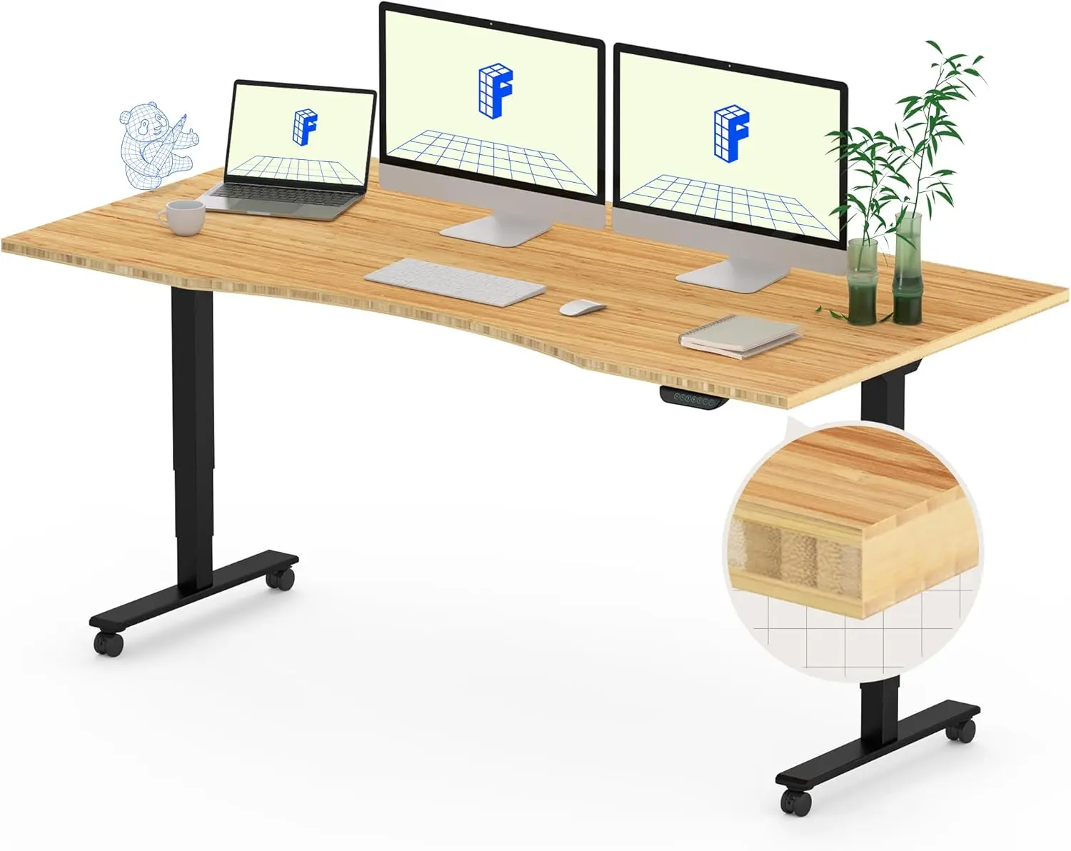 

E6 MAX Bamboo Dual Motor 3 Stages Standing Desk 60x30 Inch Whole-Piece Board Electric Height Adjustable Stand Up Desk Large Load