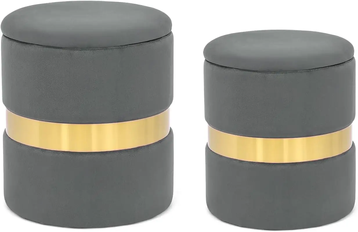 

Round Ottoman With Storage Set Of 2, Velvet Dark Grey Ottoman With Gold Metal Band, Upholstered Foot Stools For Home Decor,