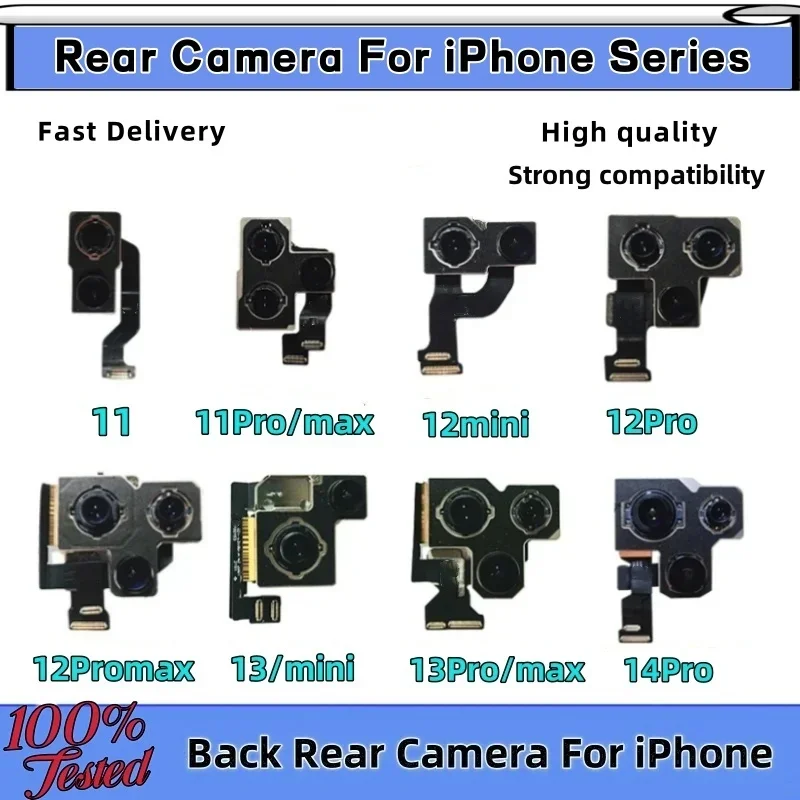 Tested Back Rear Camera For iPhone 11 12 Pro Max 13 14 15 Pro Max Mini 14 15 Plus Main Lens Flex Cable Camera Module Replacement