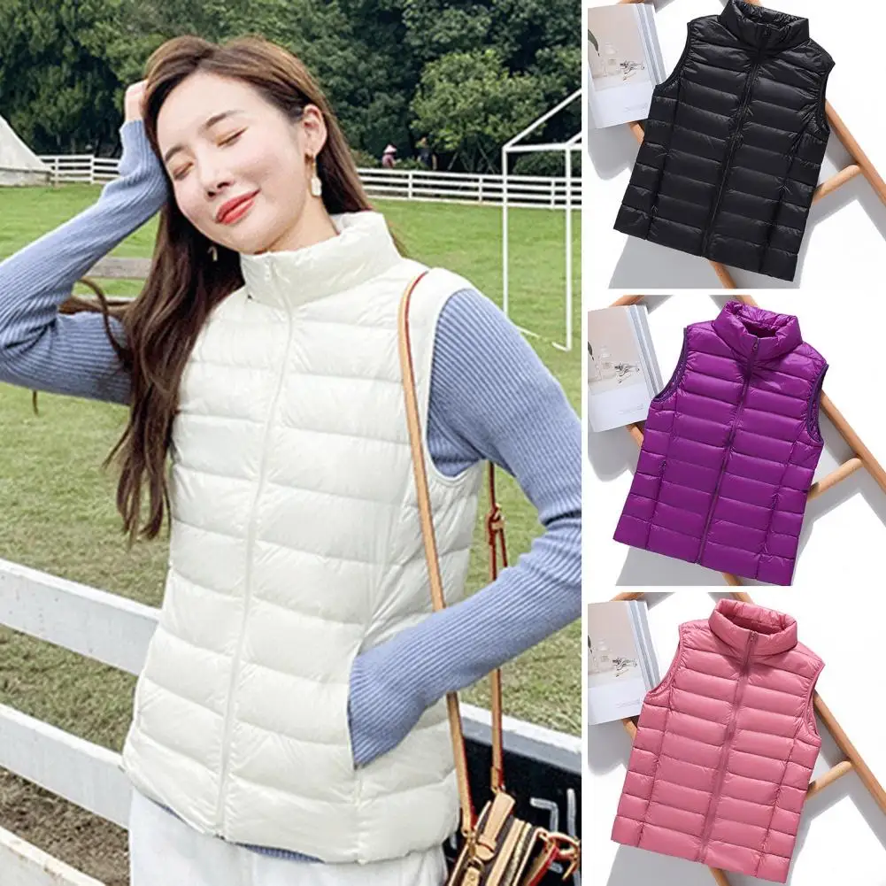 Colete acolchoado sem mangas feminino com fecho de zíper, gola, monocromático, ao ar livre, frio, inverno, ao ar livre