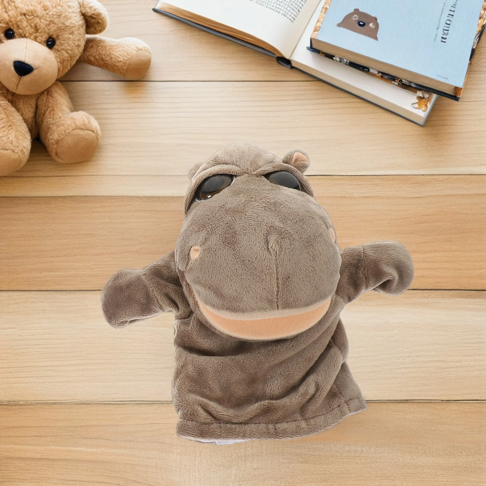 Fantoche interativo de mão de hipopótamo para crianças, design animal realista com boca móvel, ideal para brincar educacional