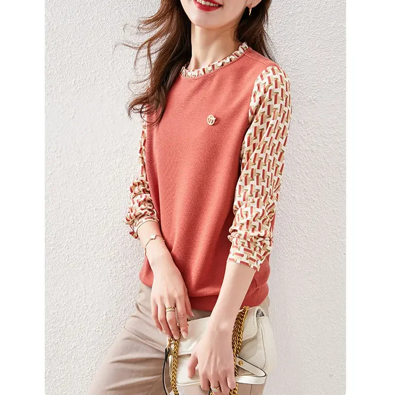 

Женская футболка с круглым вырезом, Элегантная универсальная футболка из двух частей с принтом, модель X860 на весну и осень