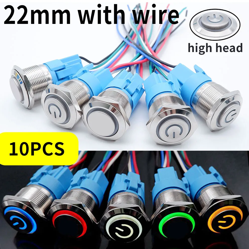 

10PCS Metal Push Button Switch 22mm With Wire LED Light Waterproof Illuminated Momentary Latching On Off PC Power High Head 12V