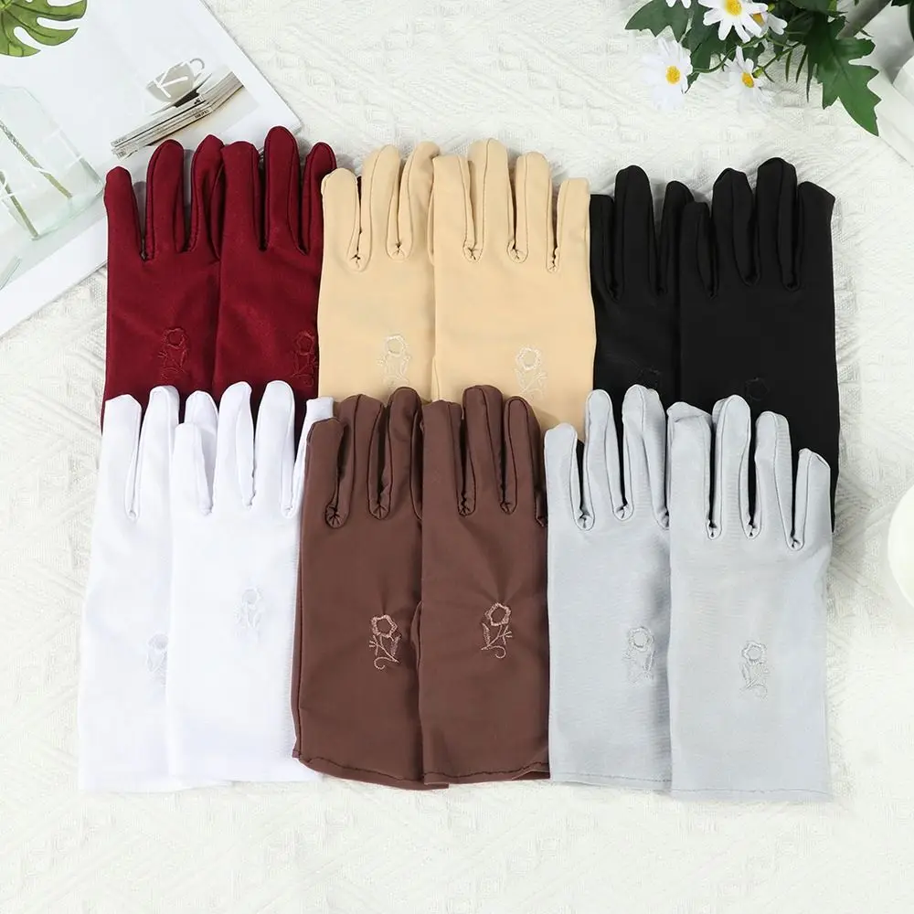 Fashion Thin Sun Protection Gloves Elastic Embroidered Full Finger Mitts Summer Mitten Women