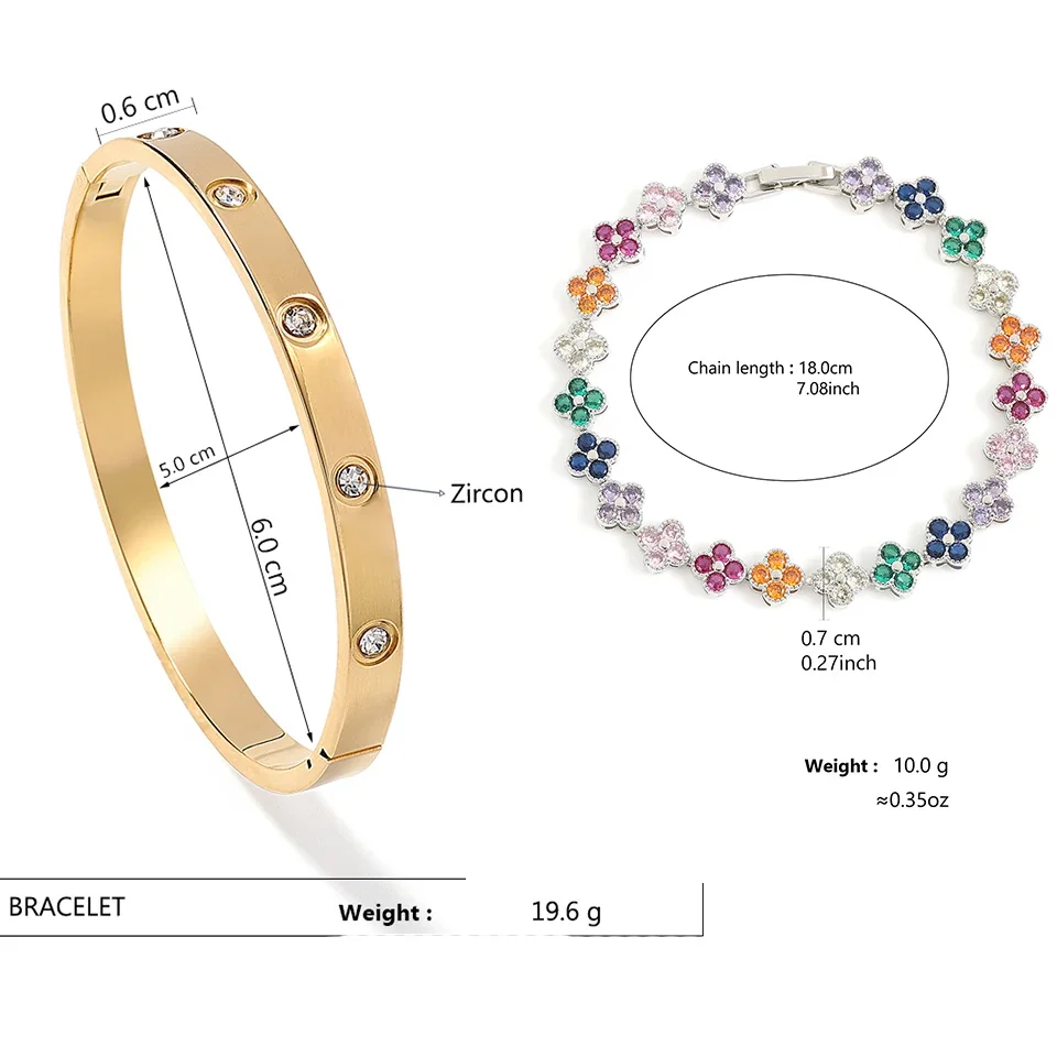 2PCS Colorful Shiny Zircon Five-leaf Flower Stacked Bracelet Bangles High Quality 18K Gold-plated Stainless Steel Jewelry Gift image 6