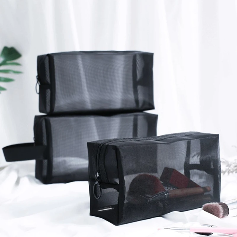 Nylon Black Mesh Cosmetic Bag Handbag Zipper Office Student Pen Bag Multifunctional Storage Bag Different Sizes