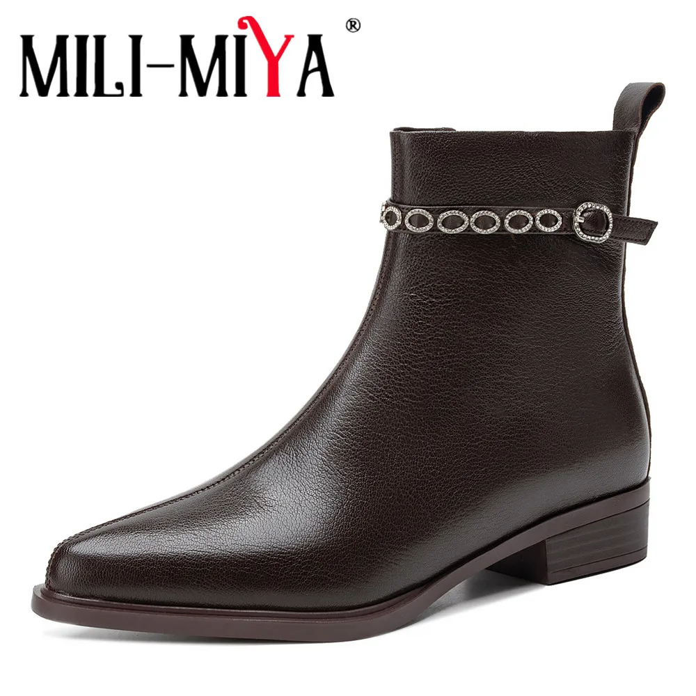 MILI-MIYA Women’s Soft Sheep Skin Pointed-Toe Square-Heeled Casual Boots With Warm Fleece Lining Large Sizes 34–42 For Ladies