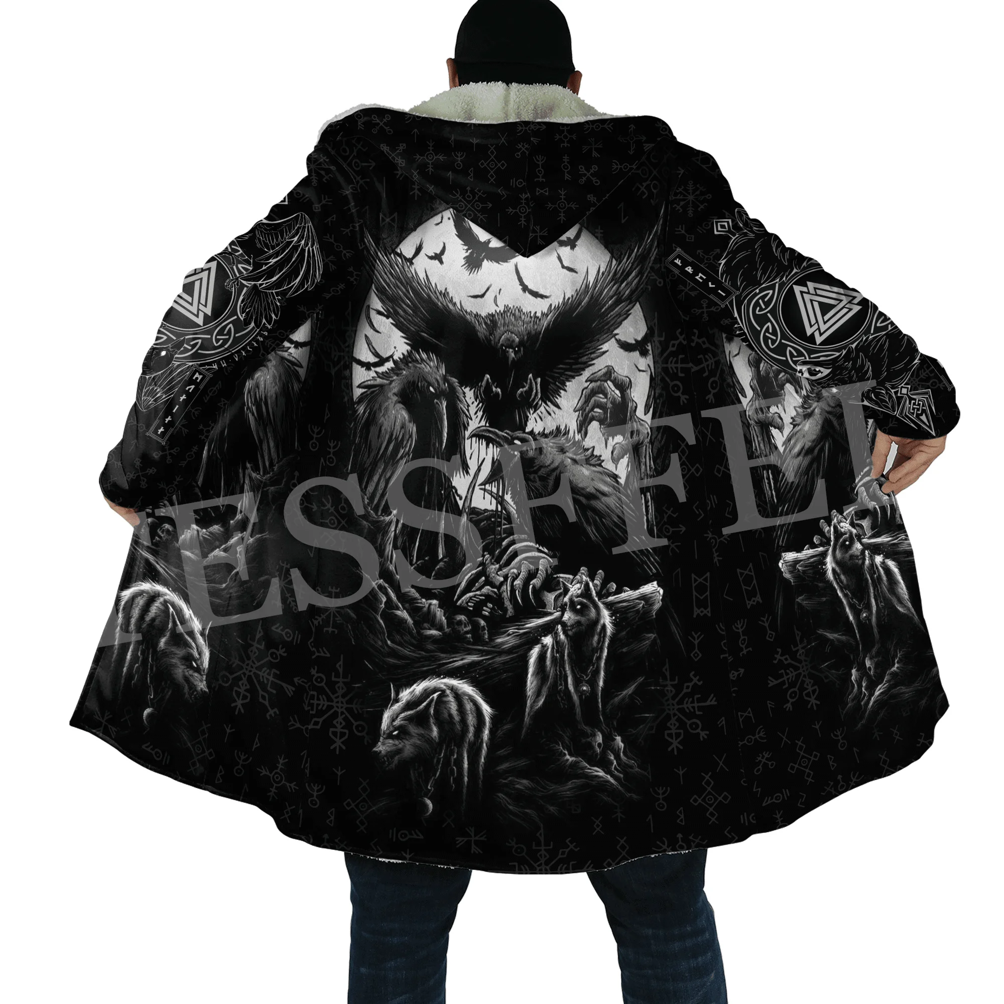 Wolf Fenrir Odin Nordic Warrior Mythology Tattoo Vintage Retro 3DPrint Windbreaker Winter Casual Hoodies Cloak Fleece Overcoat W