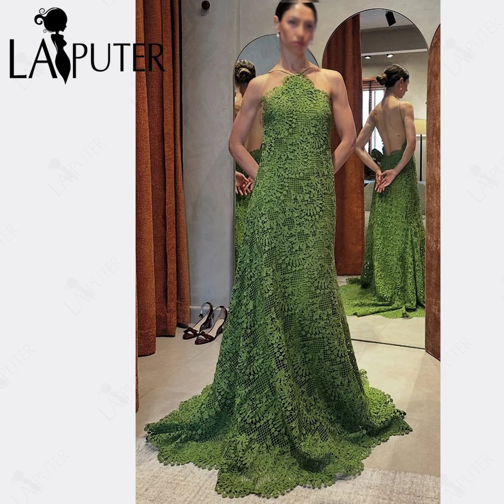 

Woman Elegant Green Evening Dresses Halter Neck Full Body Lace Long Prom Dress Open Low Back Loose Design Formal Dress Chic 2025