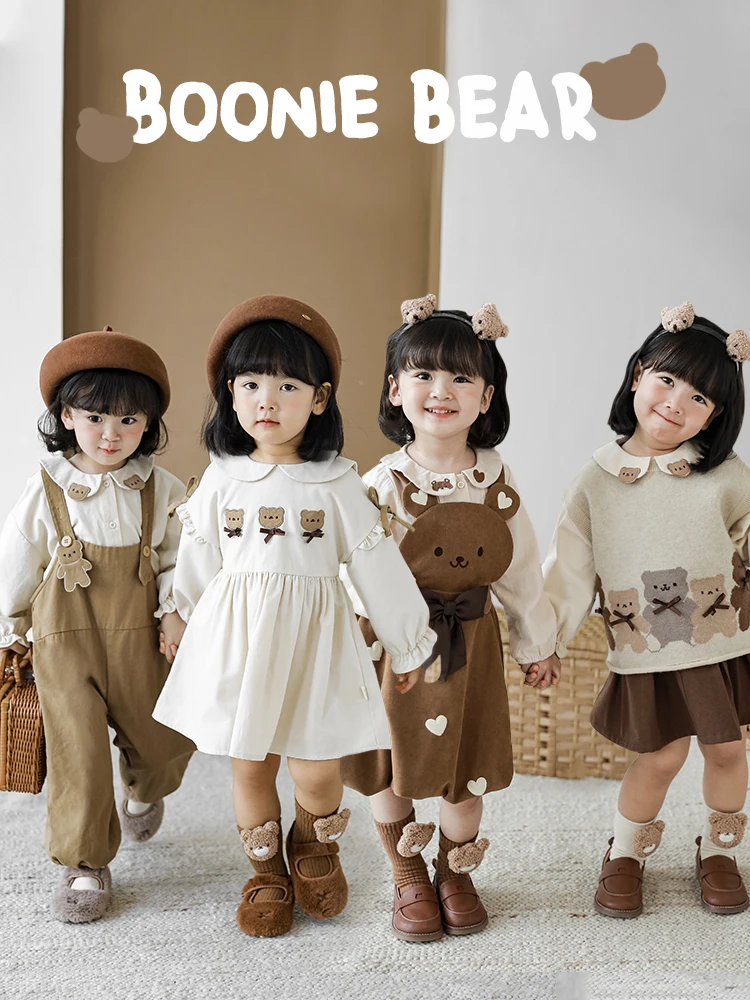 Girls Bear Autumn Dress Cute Cartoon Embroidered Baby Children Long Sleeve Shirt Fashion Overalls