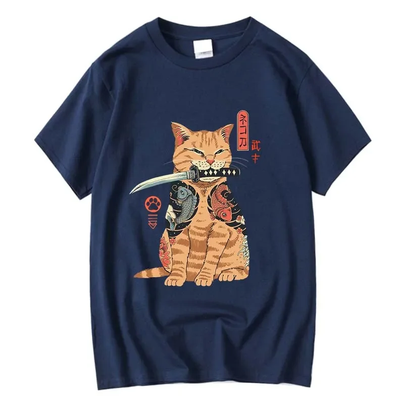 Men's T-shirt Top Quality Cotton Blend Short Sleeve Cool Knife Cat Print O-neck Casual Loose Hip Hop For Men Summer Male Tee Top