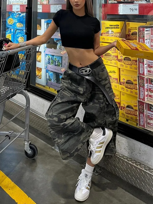 American High Street Large ket Camouflage orts décontracté ample femmes jean vêtements de travail Bootcut pantalon taille réglable