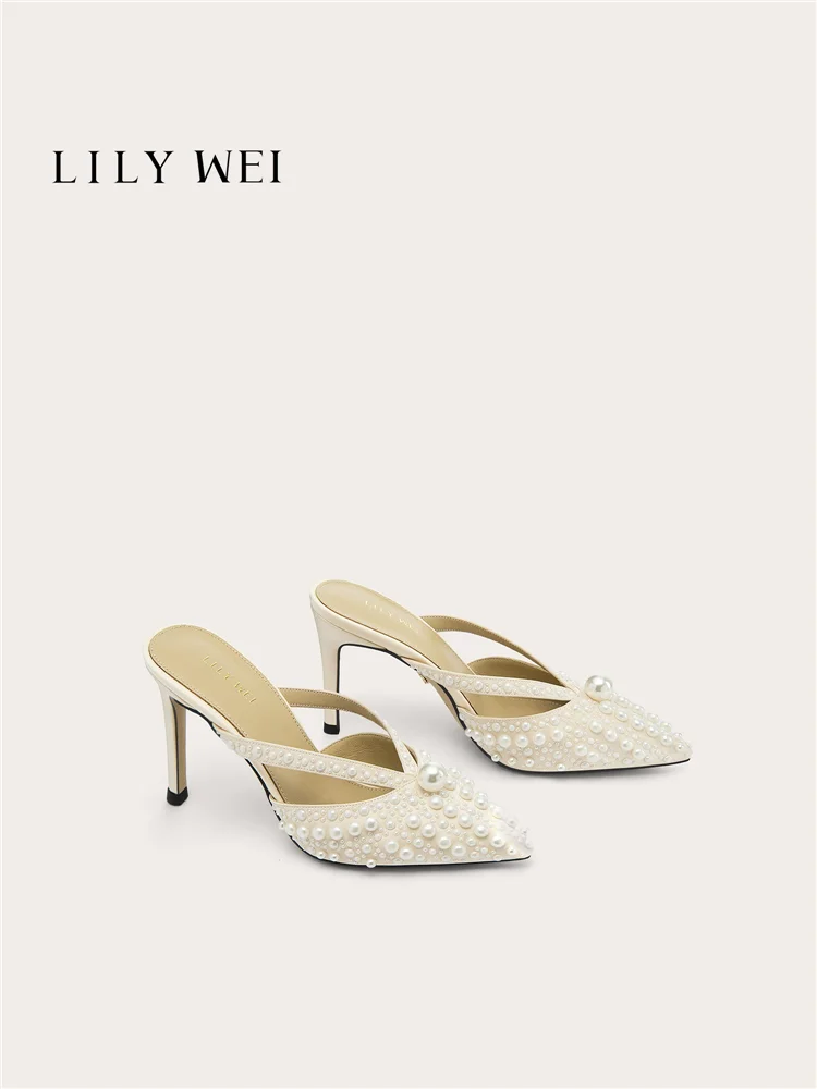 

Summer new pointed toe white silk pearl luxury fashion slippers banquet dress large size small size high-heeled women's sandals