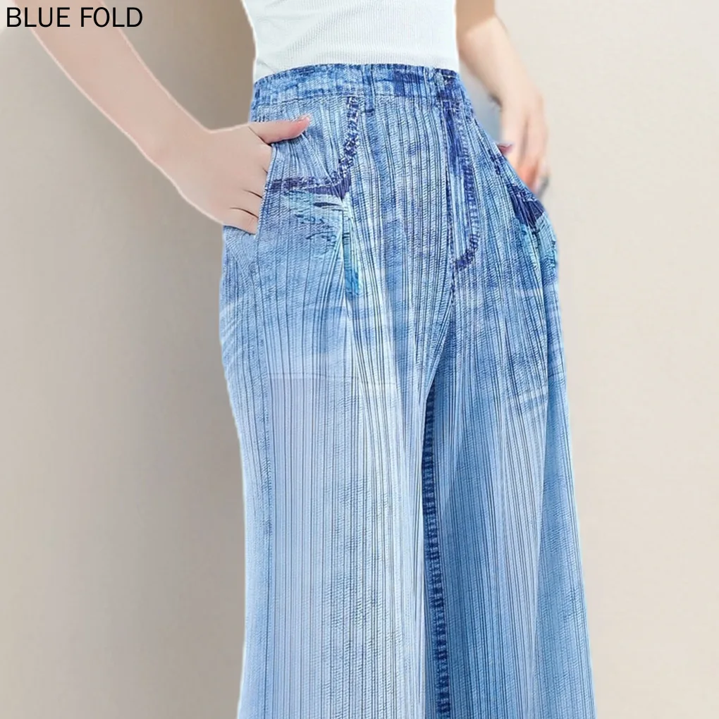 Women's Pleated Denim Pants, Long Versatile Casual Pants, Straight Clothes, New Style, Fashionable, Miyake, Summer