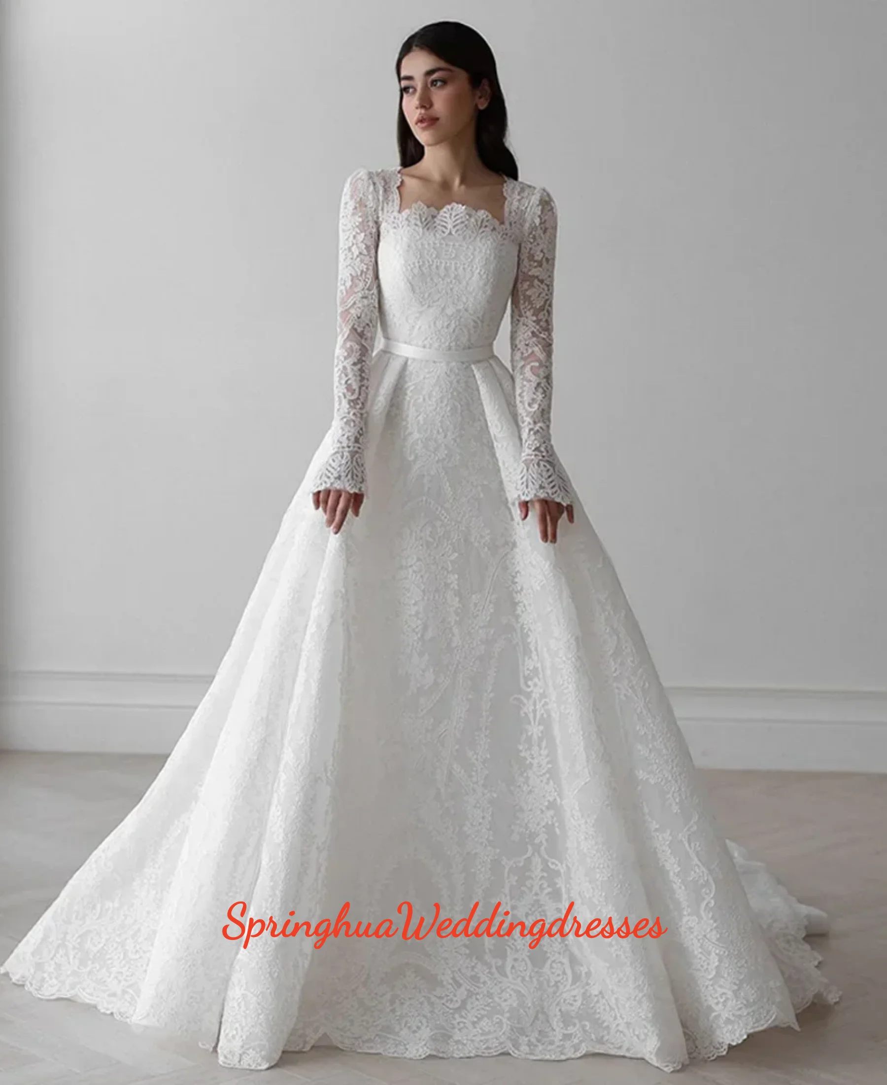 

Изысканные свадебные платья на заказ с кружевом, квадратным вырезом, длинными рукавами и шлейфом (robe de mariée, Vestidos De Noiva)