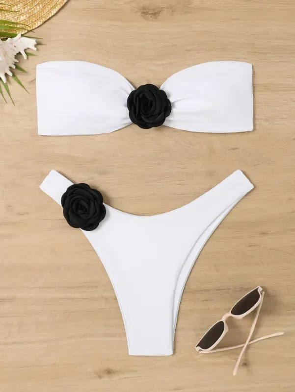 2025 Nieuwe 3D Bloemen Braziliaanse Stripless Bandeau Bikini Vrouwelijke Badpak Vrouwen Badmode Twee stukken Bikini Set Badpak Zwemmen