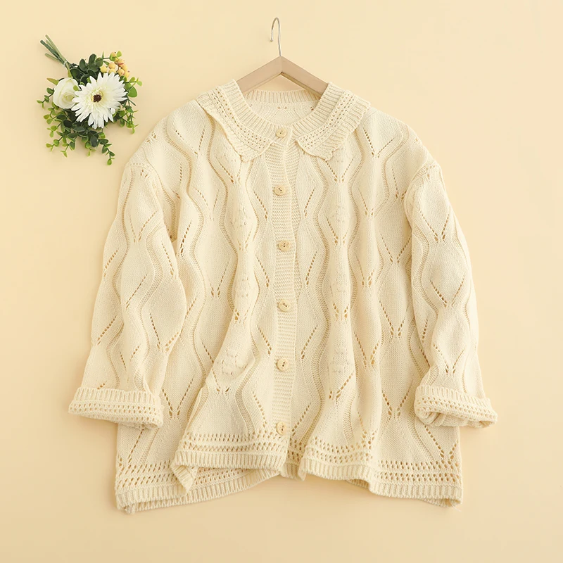 Japan Style Sweet Mori Girl Vintage Crochet Hollow Out Knitted Sweater Cardigan Women Peter Pan Collar Long Sleeve Knitwear Coat