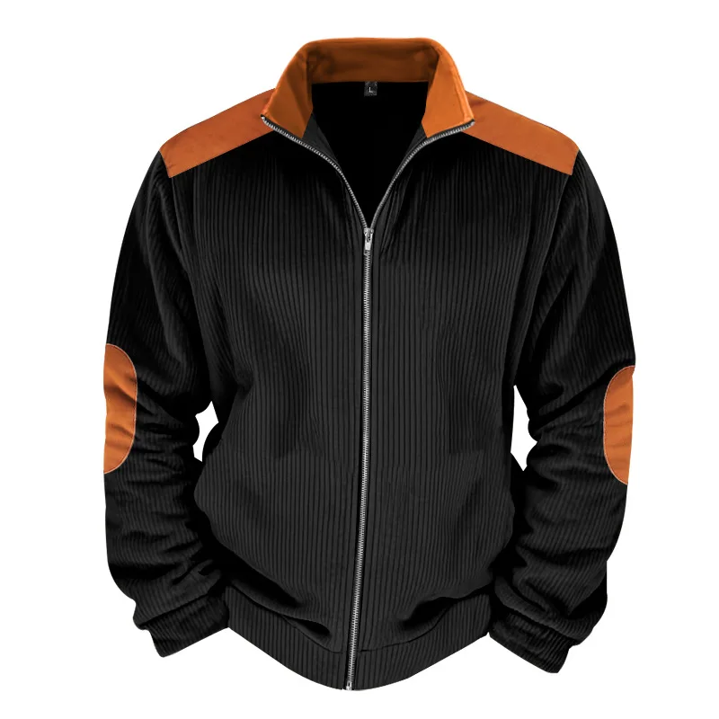Herren Stehkragen Cordjacke, Farbblock-Design, Reißverschluss-Mantel, Retro, Locker Geschnitten, Lässig, Langarm, Herbst-Winter, Alltag, Streetwear – Detail 22