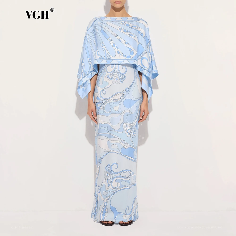 Conjunto de Dos Piezas con Estampado Abstracto Azul Claro VGH para Mujer, Vestido Ajustado con Cuello Barco y Capa de Diseño Holgado para Invitadas de Boda o Gala