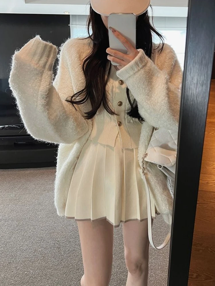 Sweet 2 Piece Set Women Casual Long Sleeve Knitted Suits Korean Style Cardigan + Slim Y2k Mini Skirt Outwear 2024 Autumn