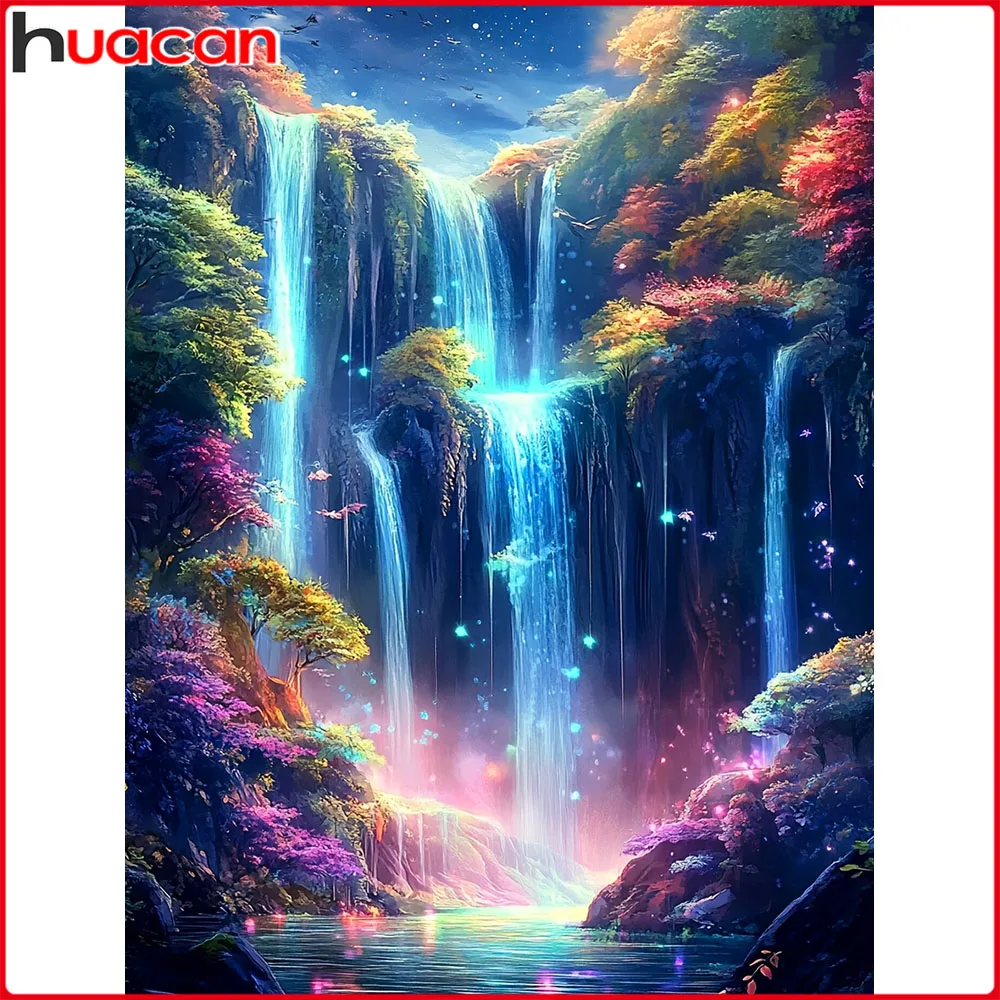 Huacan 5D-Diamantgemälde zum Selbermachen, Wasserfall, Baum, Diamantmosaik, Landschaft, neue Kollektion, dekorative Gemälde