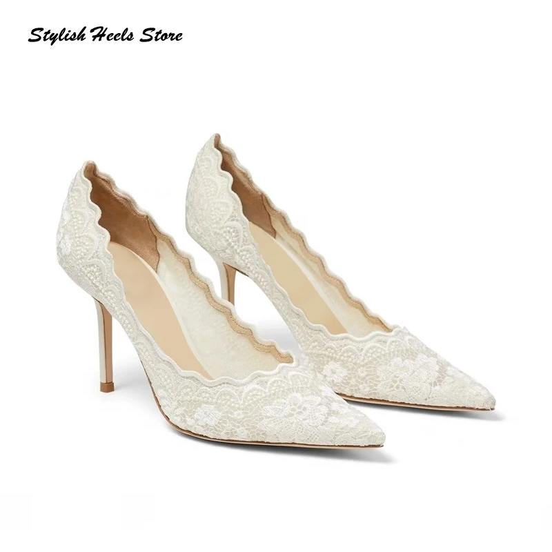 White Air Mesh Bride Wedding Shoes Pointed Toe Thin Heels Slip On Pumps Elegant Embroider Stilettos for Party Club Dress Look