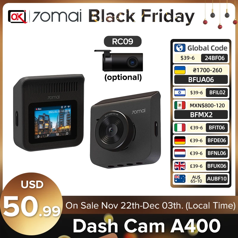 70mai New Dash Cam A400 Recorder 1440P QHD Super Night Vision Free Wifi Dual Sight 2.0