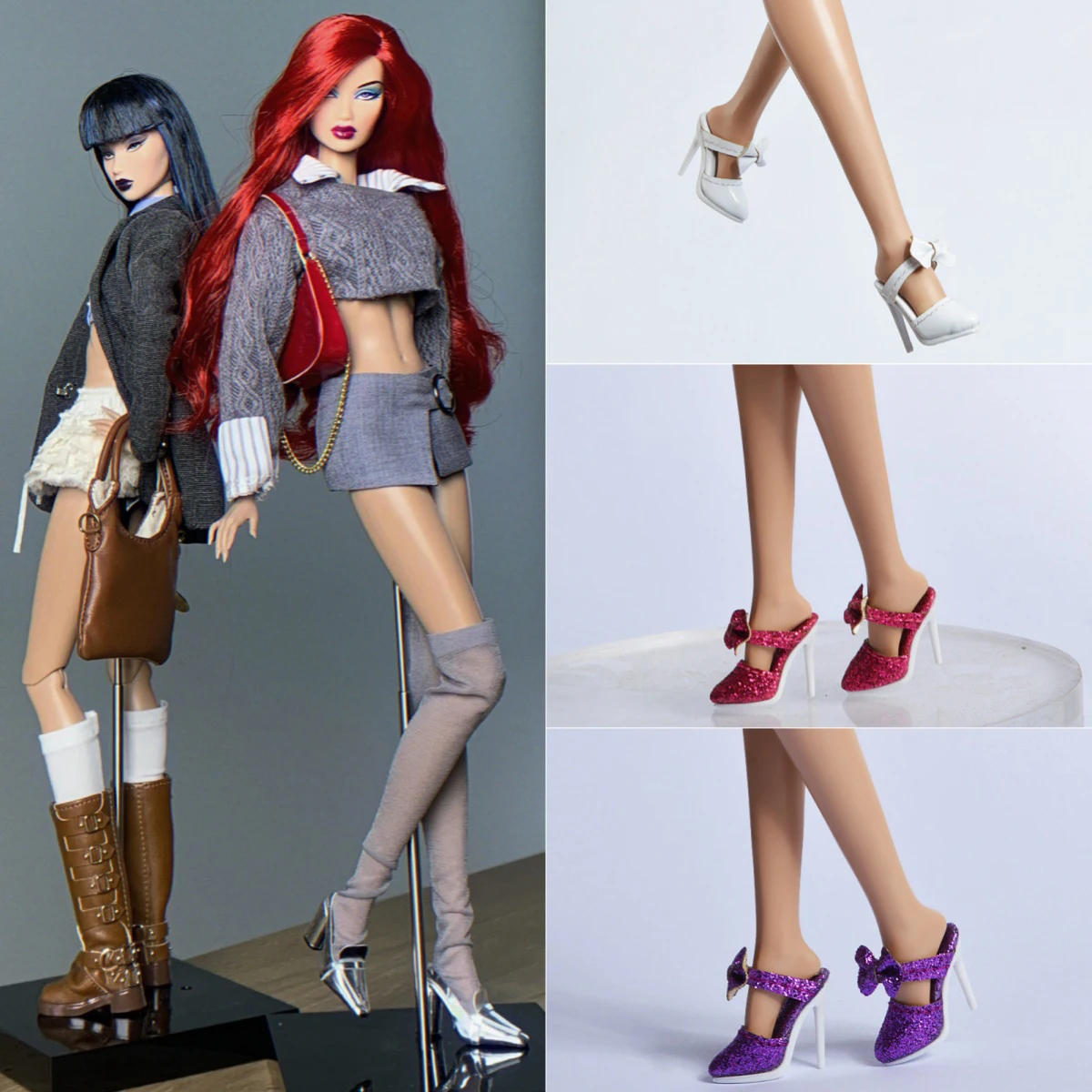 Accesorios para Zapatos de Muñeca 1/6, Tacones de Aguja con Lazo de Cuero Premium, Tacones de Aguja con Lazo Brillante Holográfico para FR2 PP OB23 25 27 MUSES