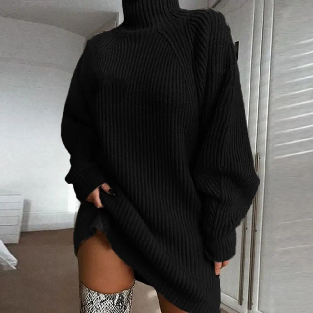 

Knitted Dress Cozy Knit Sweater Dress with Raglan Sleeves Loose Fit Half High Collar Mini Dress for Autumn Winter for Women