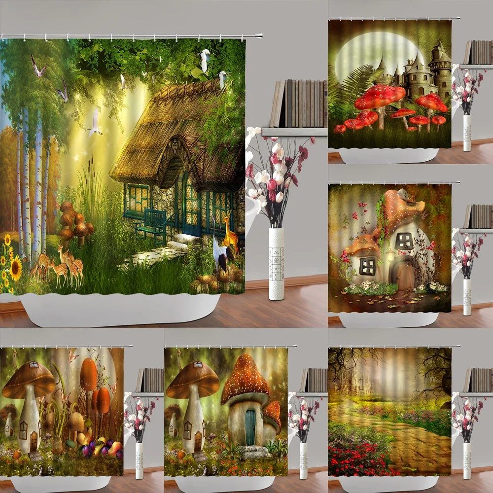 Psychedelic Mushroom Shower Curtain Magic Forest Deer Crane Butterfly Moon Bathroom Decor Waterproof Fabric Bath Curtain 180X180