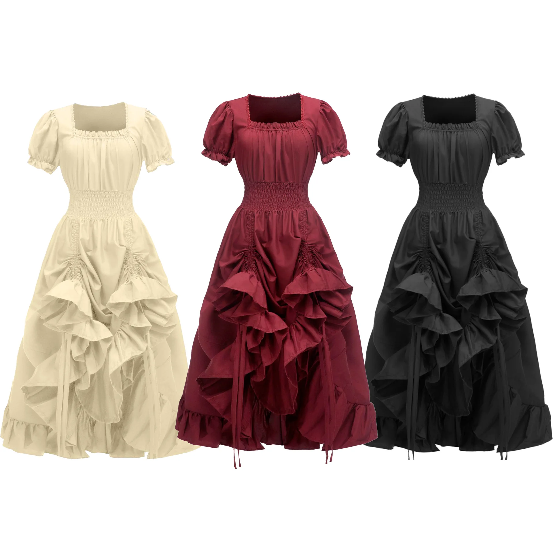 

Ренессанс Sle Dstring с квадратным воротником Dr с пузырьковыми пефами Fsy Этническая женская одежда Летний сезон