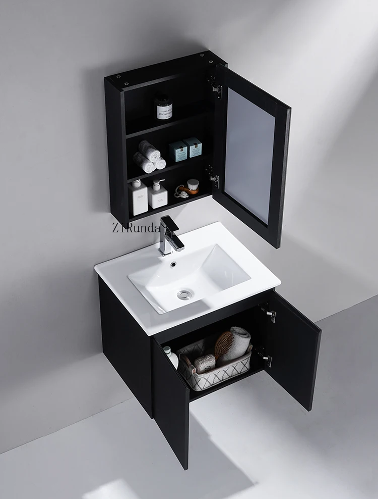 Mobile piccolo moderno, mobile da bagno a parete in compensato nero con lavabo e specchio