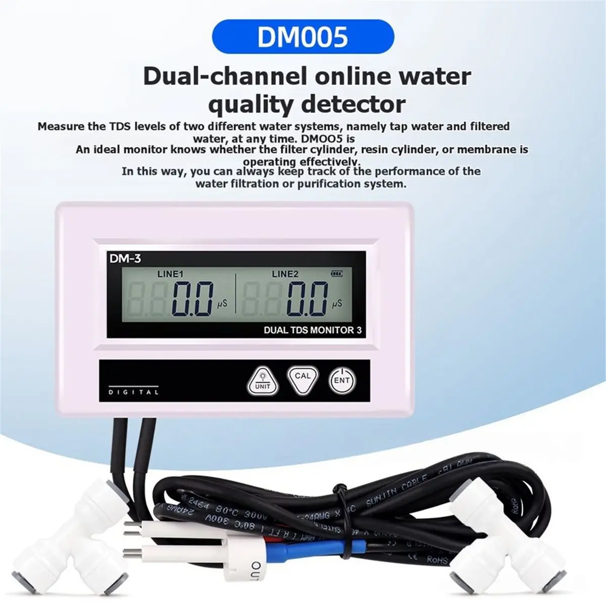 (DT37) DM3 Digital Online Water Quality Tester LCD TDS Meter Dual Channel PPM Detection Inlet Outlet Test for Pool Laboratory