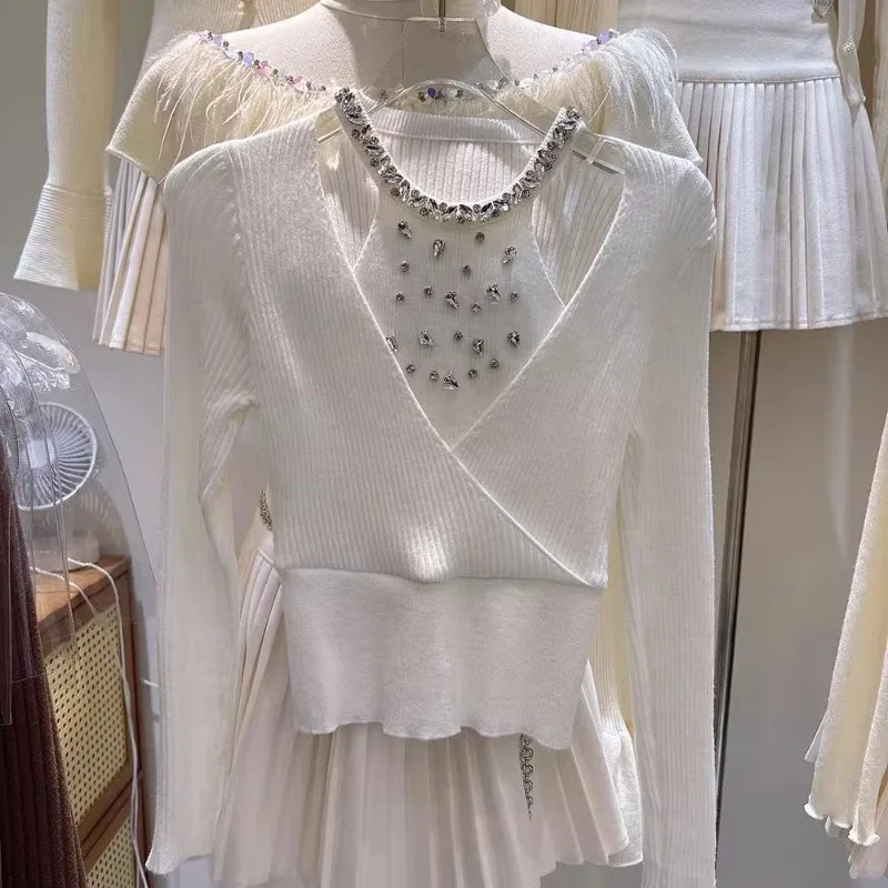 

Women's French Knit Pullovers Diamond Embellishment Knitwear Autumn/winter New Style Elegant Sweet Versatile Long Sleeves Top