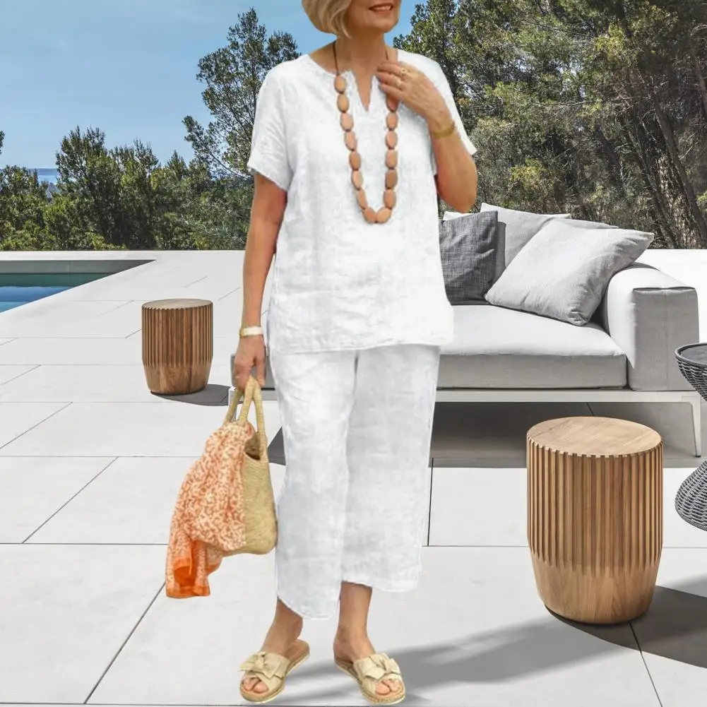 

2026 Cotton Linen 2-Piece Lounge Set Women Blouse Pants Set V Neck Short Sleeve T-shirt Wide Leg Pants Set Women Tracksuit