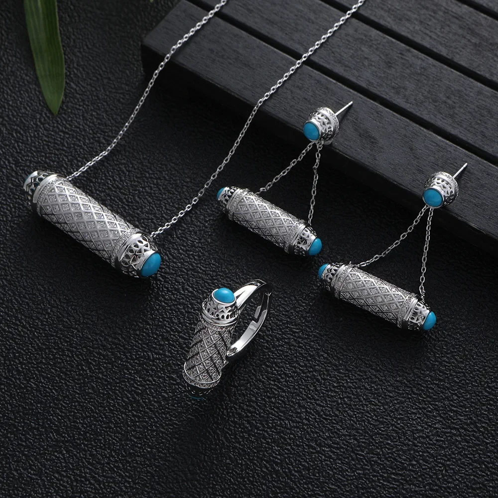 Trendy 3PCS Necklace Earring Ring Turquois Jewelry Set For Women Wedding Party Full Zircon Dubai Bridal jewelry Set Gift 2025