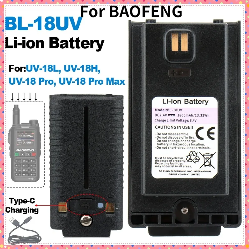 Voor BAOFENG Walkie Talkie UV-18H Li-ion batterij 1800mAh Type-C Opladen Compatibel voor UV-18L UV18 Pro Max Tweewegradio's Onderdelen