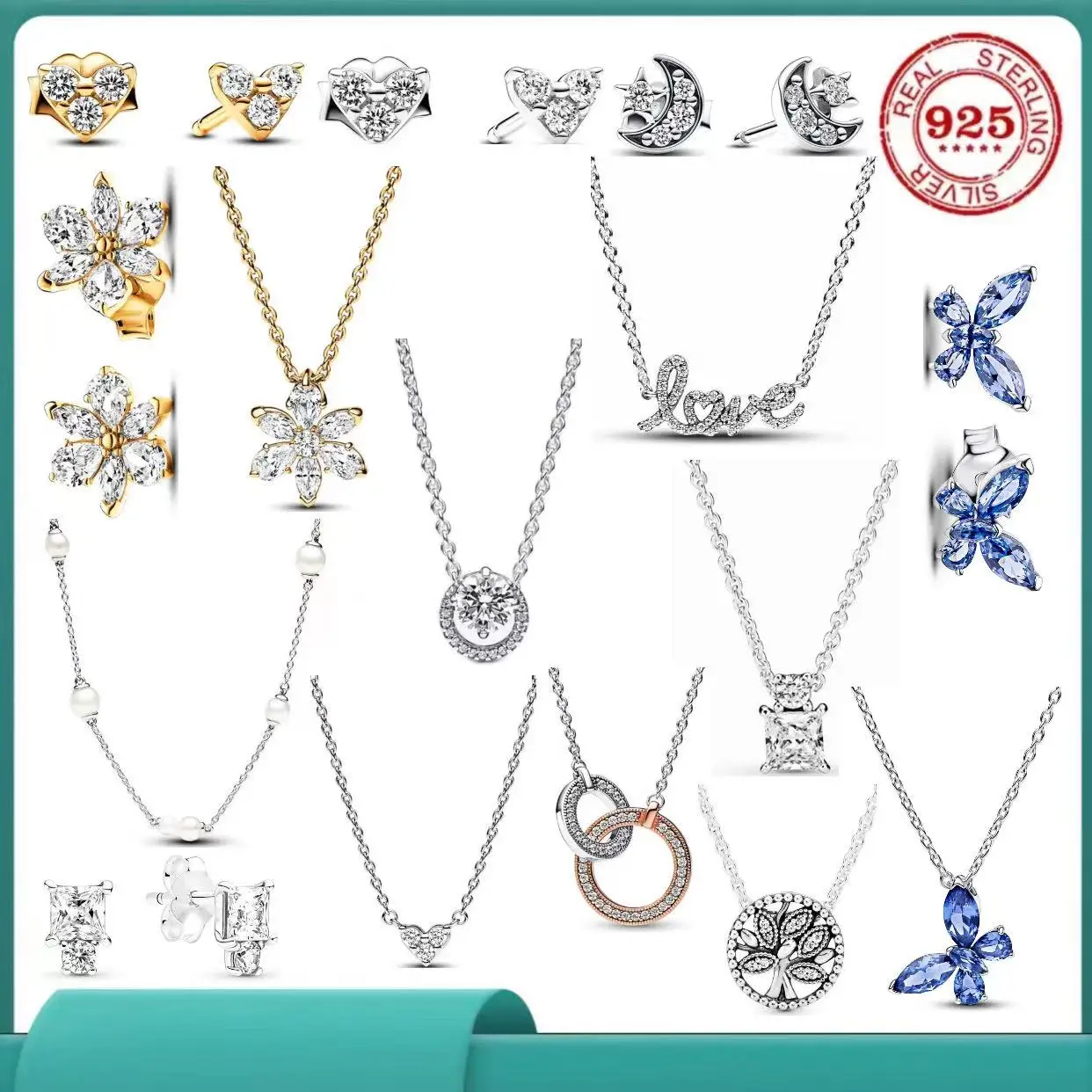Hot sale 925 Pure Silver moon butterfly peach heart pendant necklace earrings women's fashion jewellery perfect Christmas gifts