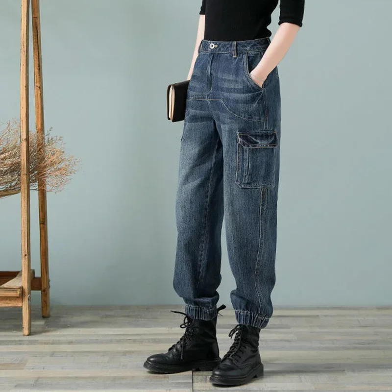 3XL Women's High Waist Cargo Jeans Pockets Wide Leg Denim Pants Spring Loose Casual Plus Size Boyfriend Jeans Harem Pants C444