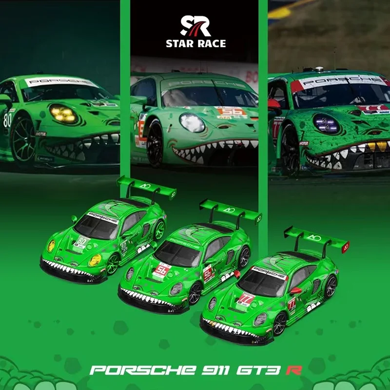 1:64 Sr911 Gt3 Groene Dinosaurus Poeder Dinosaurus Serie Simulatie Legering Miniatuur Diecasting Auto Model Aangepaste Collectie Speelgoed Cadeau