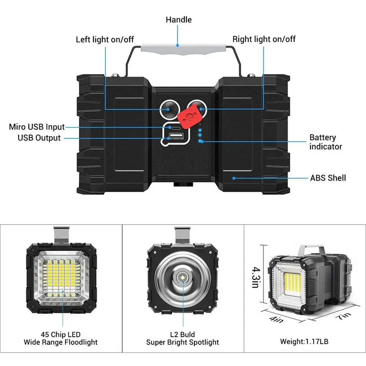 Super Bright XHP70 LED Flashlights USB Rechargeable Double Head Searchlight Handheld Work Light Lantern Spotlight Floodling Lamp