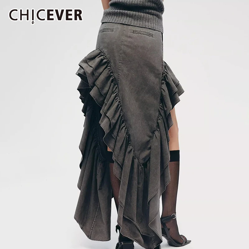 

CHICEVER Vintage Thigh Split Skirts For Women High Waist Spliced Pleated Minimalist Slimming Irregular Hem Sexy Skirt Female