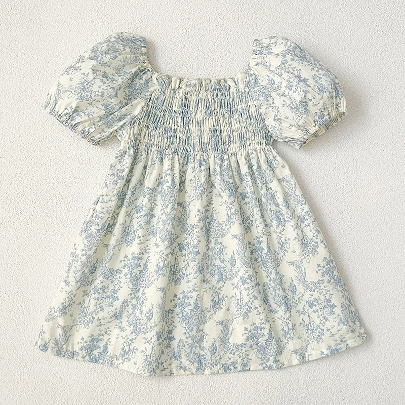 New Summer Clothes Baby Girls Princess Dresses Puff Sleeve Blue Flower Toddlers Vacation Kids Cotton Cute Dress Korean Style