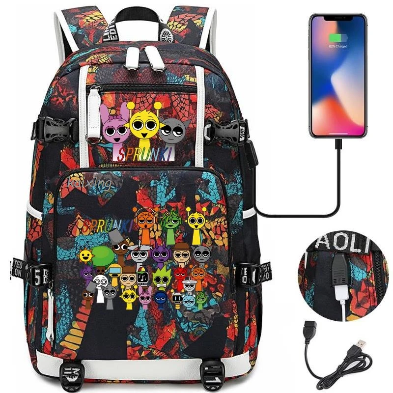 New Sprunki Print USB Boys Girls Kids Book Bags Large Capacity Teenagers Schoolbags Women Men Laptop Travel Backpack