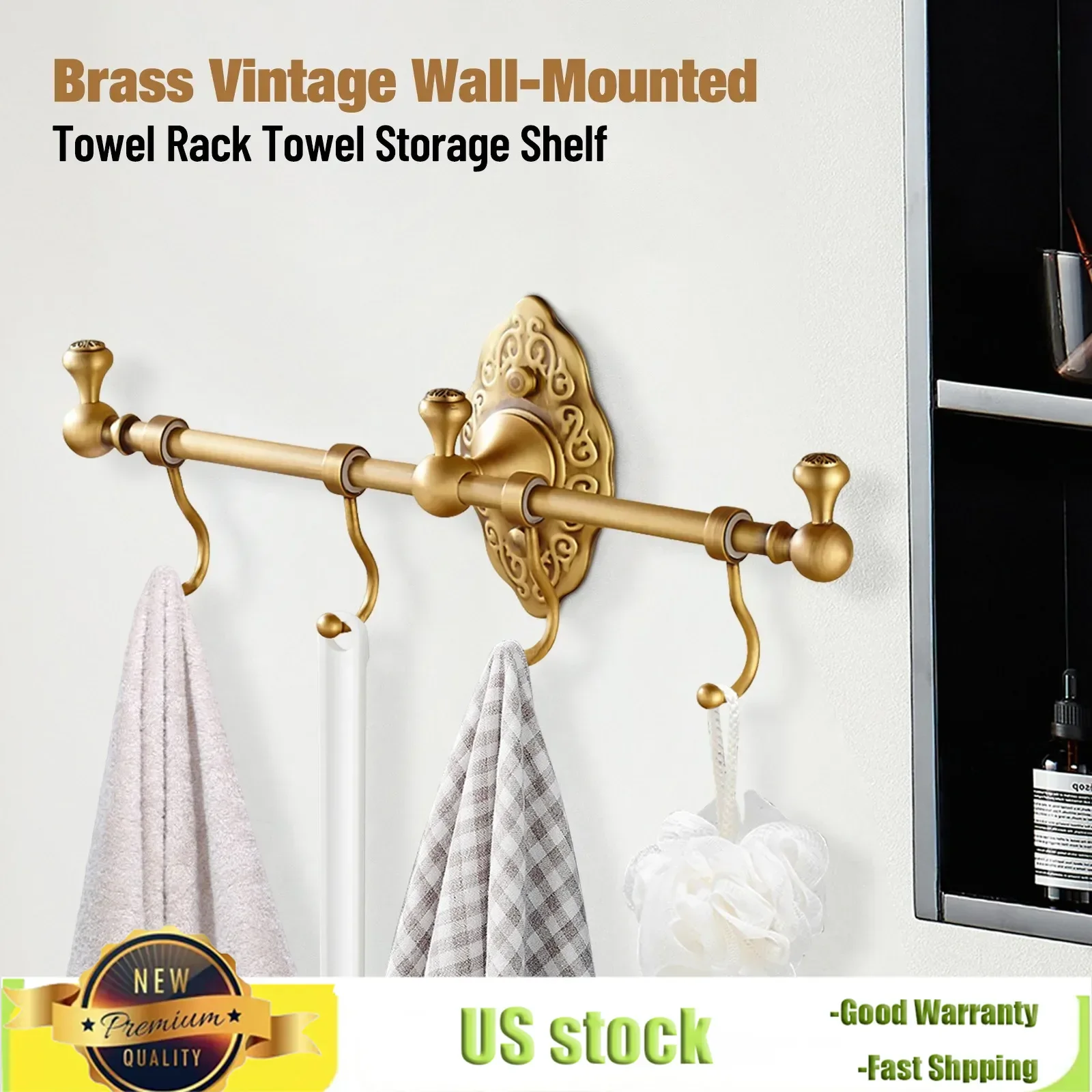 Bymaocar Perforated Wall Mounted Towel Rack with 4 Hooks, Single-layer Brass Towel Storage Rack 14.17*2.95in, Kitchen Towel Bar