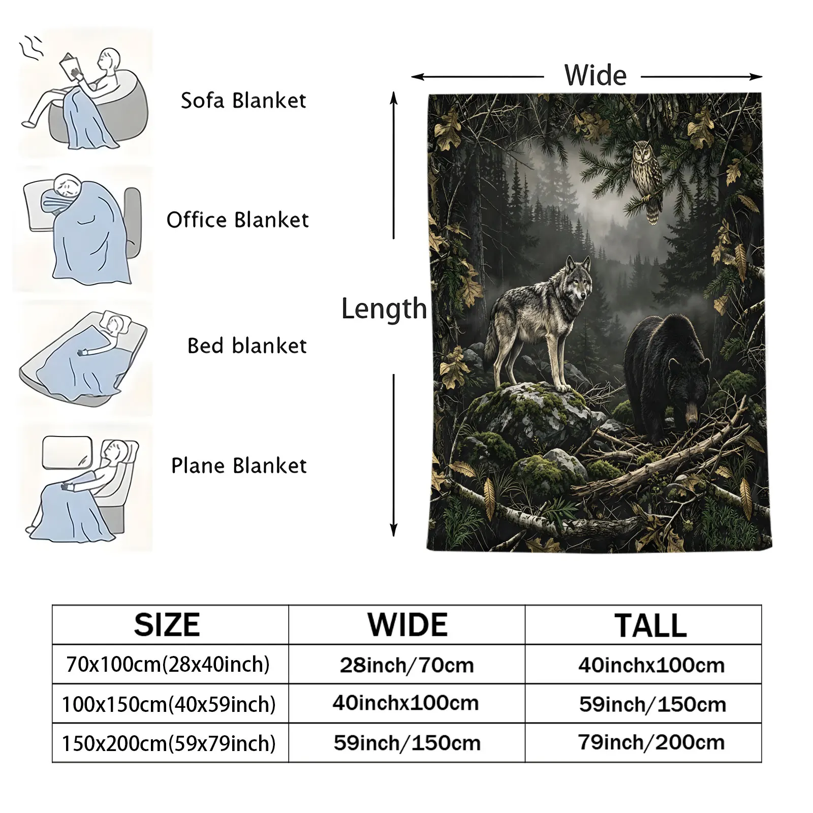 Forest Wolf Bear Owl Flannel Blanket Wild Animal Nature Landscape Throw Blanket Soft Microfiber Bed Sofa Cover Camping Hunting