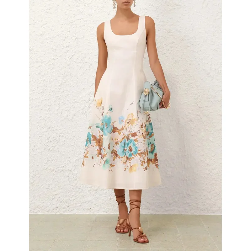 فستان ميدي نسائي من الكتان النقي 2025 بتصميم شاطئ جديد أبيض بدون أكمام مطبوع عليه زهور ورباط بدون ظهر