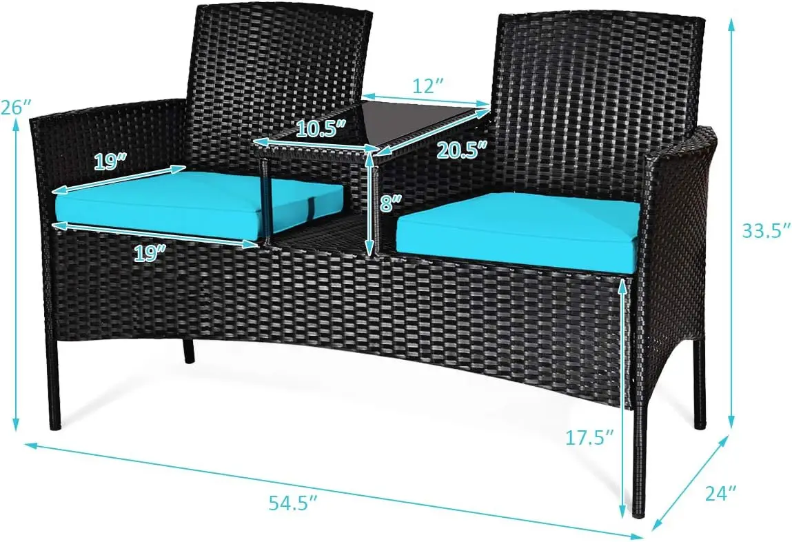 Rieten Terrasconversatiemeubelset, Tuinmeubelset Met Afneembare Kussens En Tafel, Gehard Glazen Blad, Mod